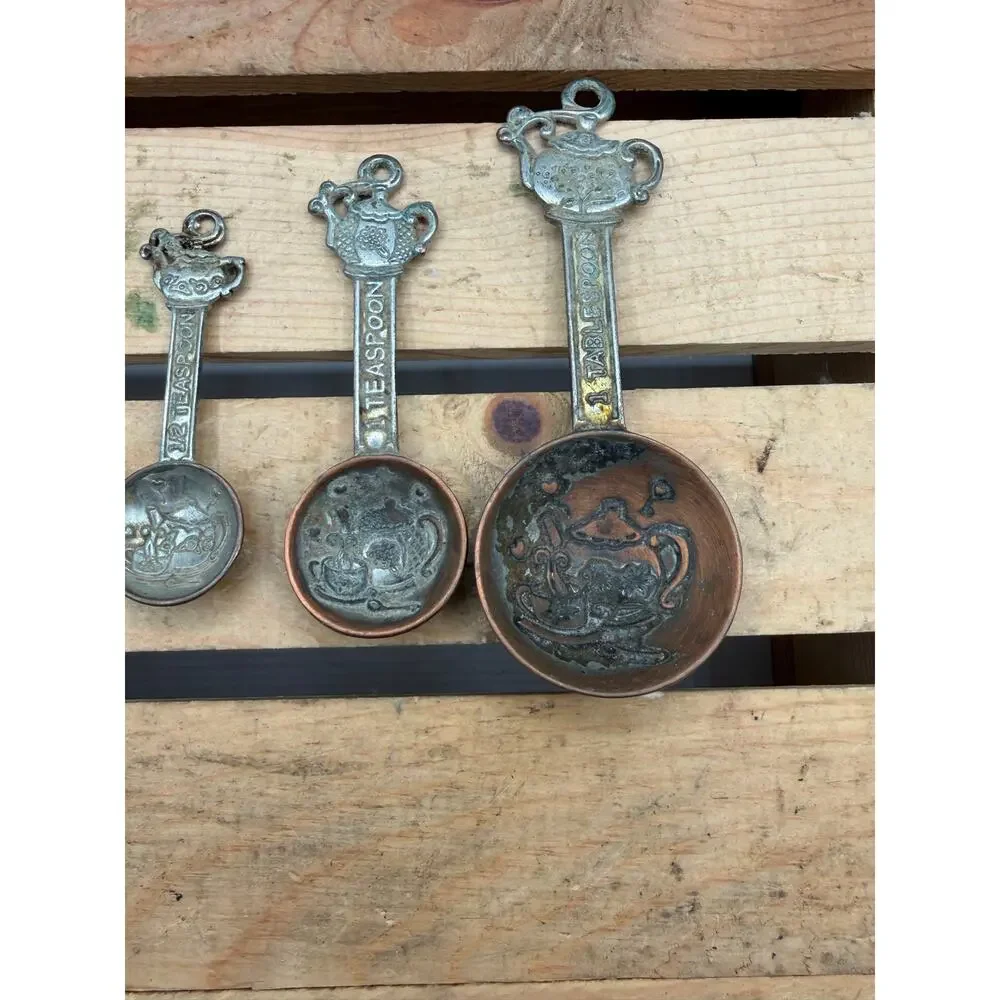Vintage Pewter & Copper Tone Teapot Measuring Spoons - (Set of 4)